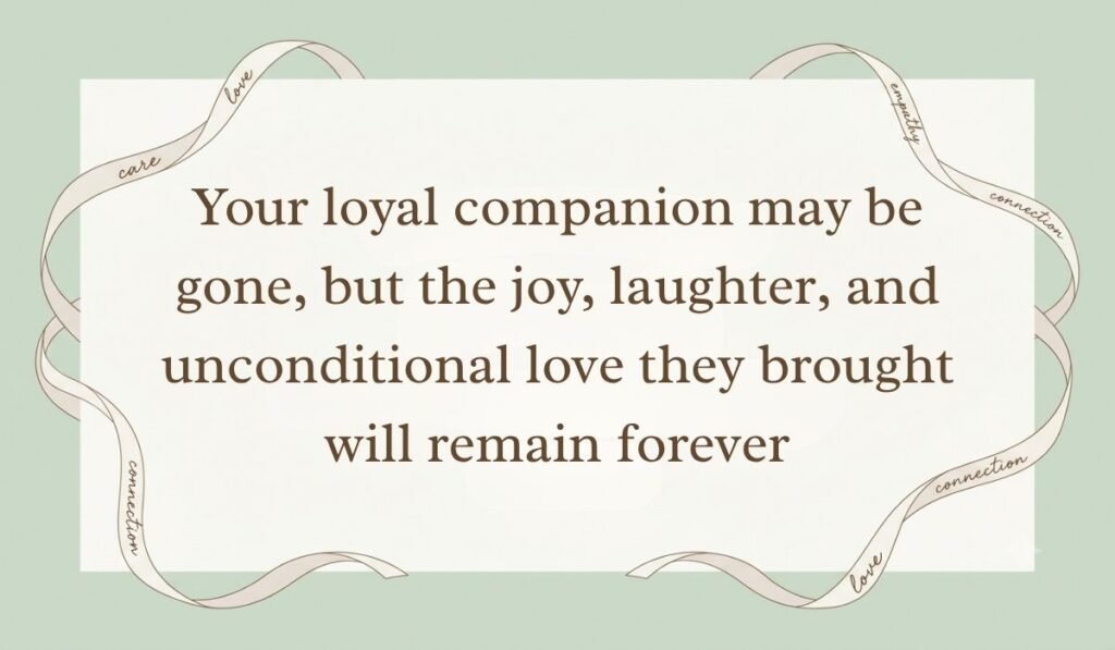 Sage green card layout bordered by decorative ribbons presenting condolences messages for loss of dog reading, "Your loyal companion may be gone, but the joy, laughter, and unconditional love they brought will remain forever"