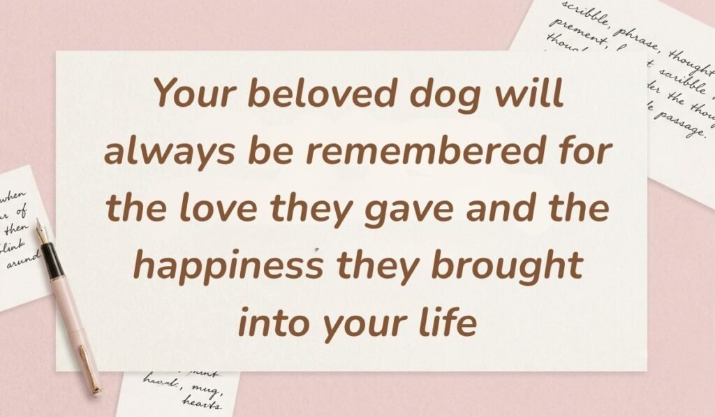 Soft pink background with a fountain pen and handwritten notes featuring condolences messages for loss of dog reading, "Your beloved dog will always be remembered for the love they gave and the happiness they brought into your life"