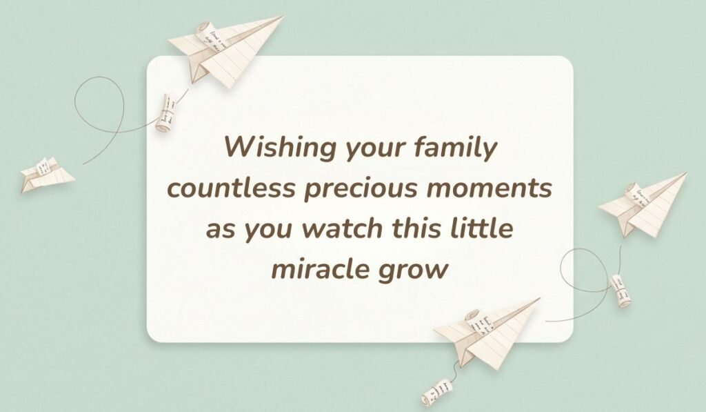 Soft green card layout with paper airplanes displaying congratulations on birth of grandson stating "Wishing your family countless precious moments as you watch this little miracle grow"