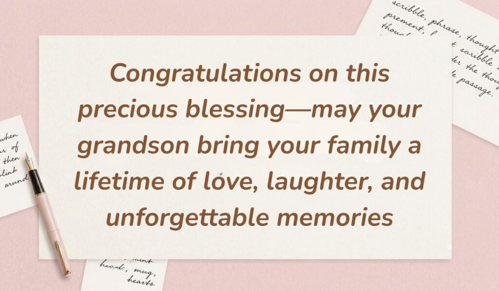Soft pink stationery arrangement with a fountain pen featuring congratulations on birth of grandson stating "Congratulations on this precious blessing—may your grandson bring your family a lifetime of love, laughter, and unforgettable memories"