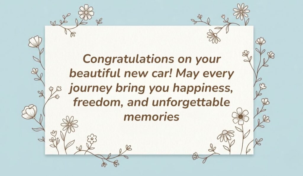 Light blue card framed with delicate floral line art featuring congratulations on new car messages reading "Congratulations on your beautiful new car! May every journey bring you happiness, freedom, and unforgettable memories"