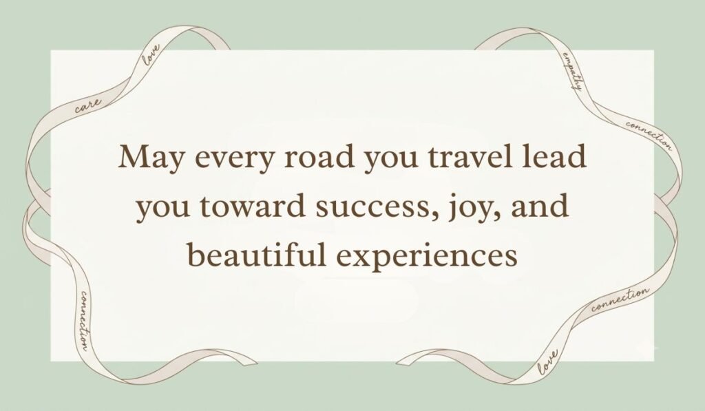 Sage green card styled with elegant ribbon borders showing congratulations on new car messages reading "May every road you travel lead you toward success, joy, and beautiful experiences"
