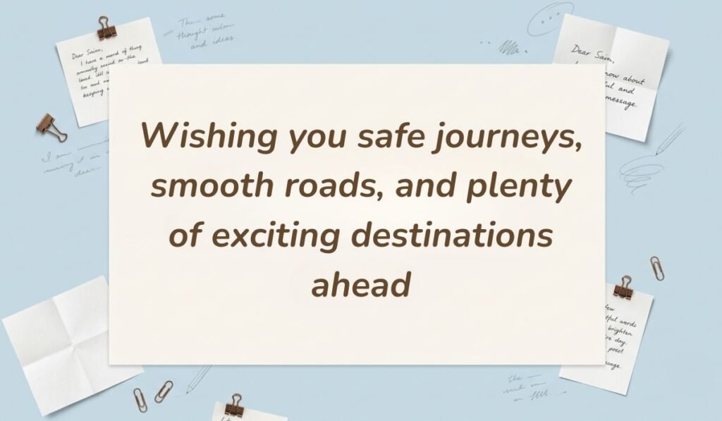 Desk stationery setup with paper clips and note scraps presenting congratulations on new car messages reading "Wishing you safe journeys, smooth roads, and plenty of exciting destinations ahead"