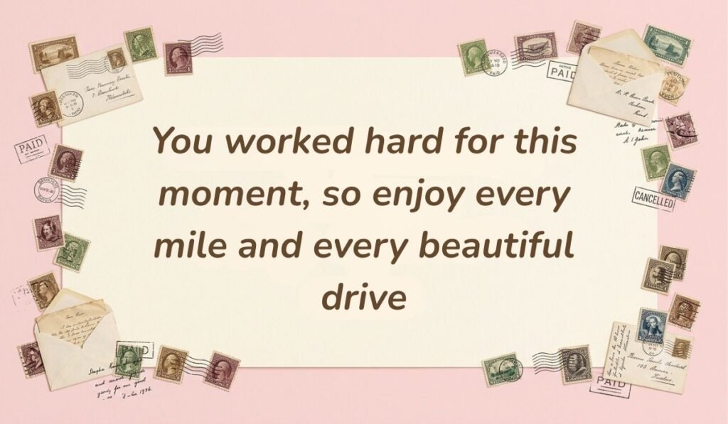 Pastel pink postcard design framed with vintage stamps offering congratulations on new car messages reading "You worked hard for this moment, so enjoy every mile and every beautiful drive"