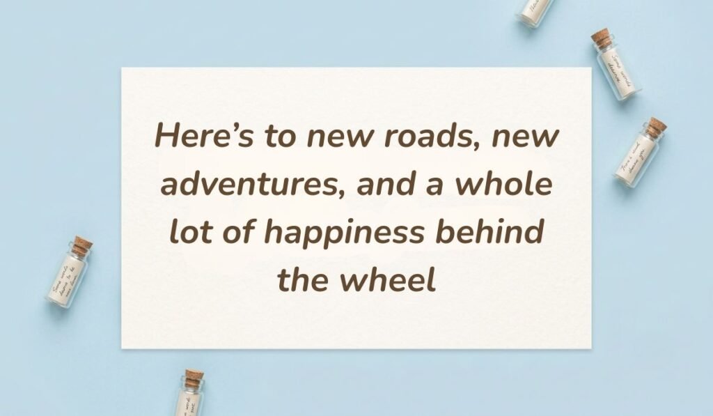 Light blue flat lay background with mini message bottles displaying congratulations on new car messages reading "Here’s to new roads, new adventures, and a whole lot of happiness behind the wheel"