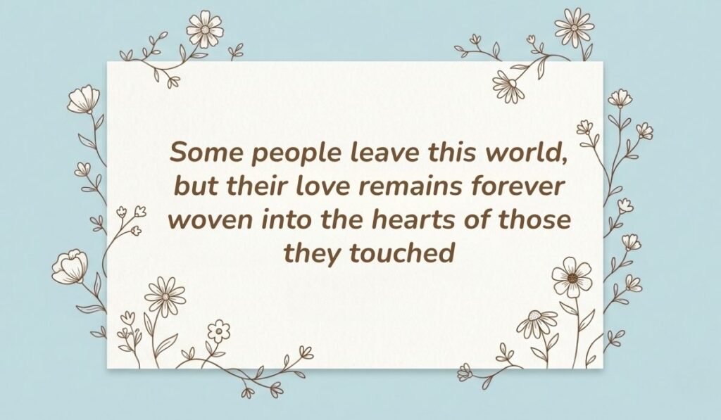 Light blue card with floral line-art borders displaying death quotes for loved ones reading, "Some people leave this world, but their love remains forever woven into the hearts of those they touched"