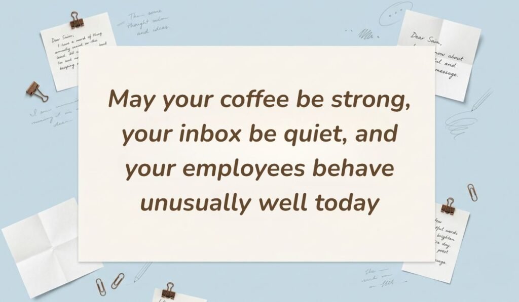 Desk stationery setup with paper clips and note scraps presenting funny birthday wishes for boss reading "May your coffee be strong, your inbox be quiet, and your employees behave unusually well today"