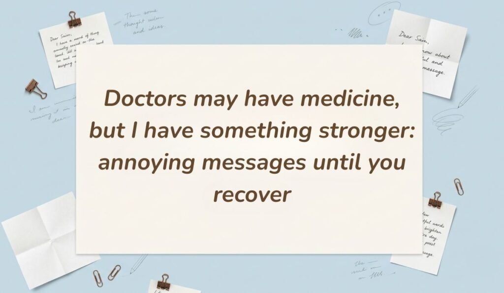 Desk stationery setup with paper clips and note scraps presenting funny get well soon messages reading "Doctors may have medicine, but I have something stronger: annoying messages until you recover"