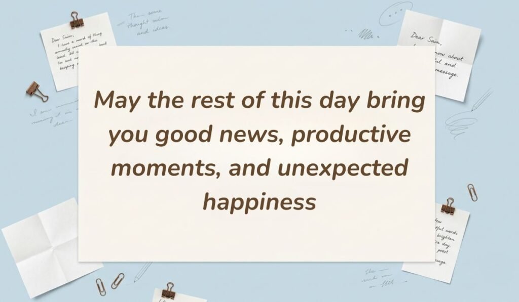 Light blue desk flatlay with sticky notes and paper clips presenting good afternoon messages for friends reading "May the rest of this day bring you good news, productive moments, and unexpected happiness"
