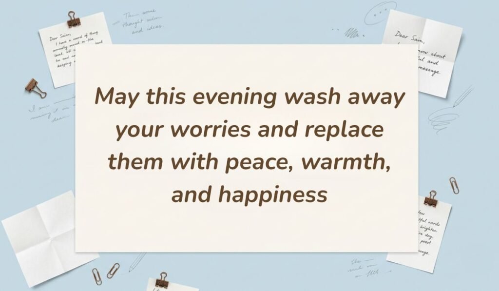 Light blue desk flatlay with sticky notes and paper clips presenting a good evening message to my love reading "May this evening wash away your worries and replace them with peace, warmth, and happiness"