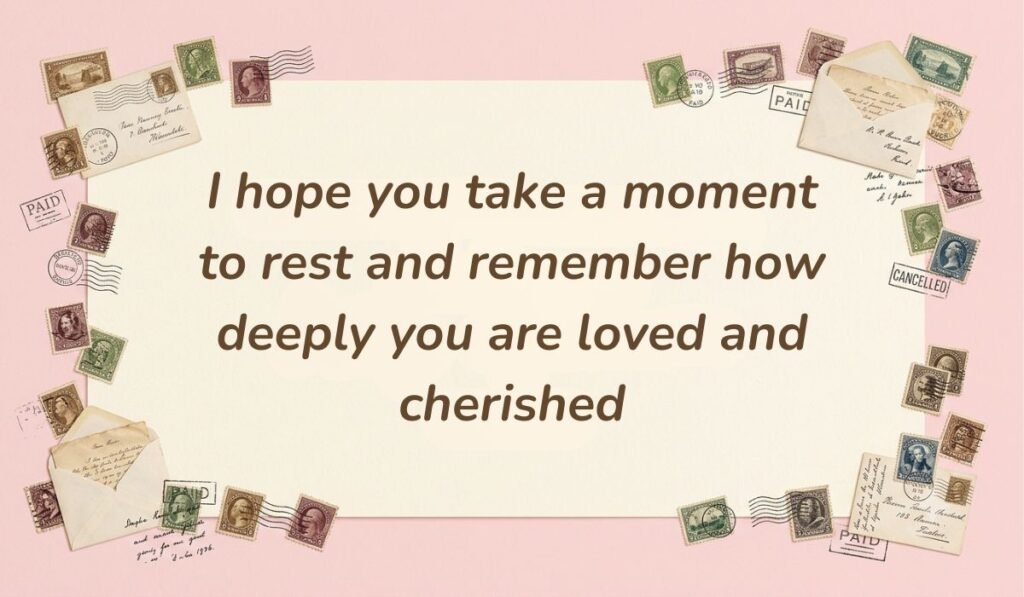 Vintage postal theme card framed with stamps and envelopes displaying a good evening message to my love stating "I hope you take a moment to rest and remember how deeply you are loved and cherished"