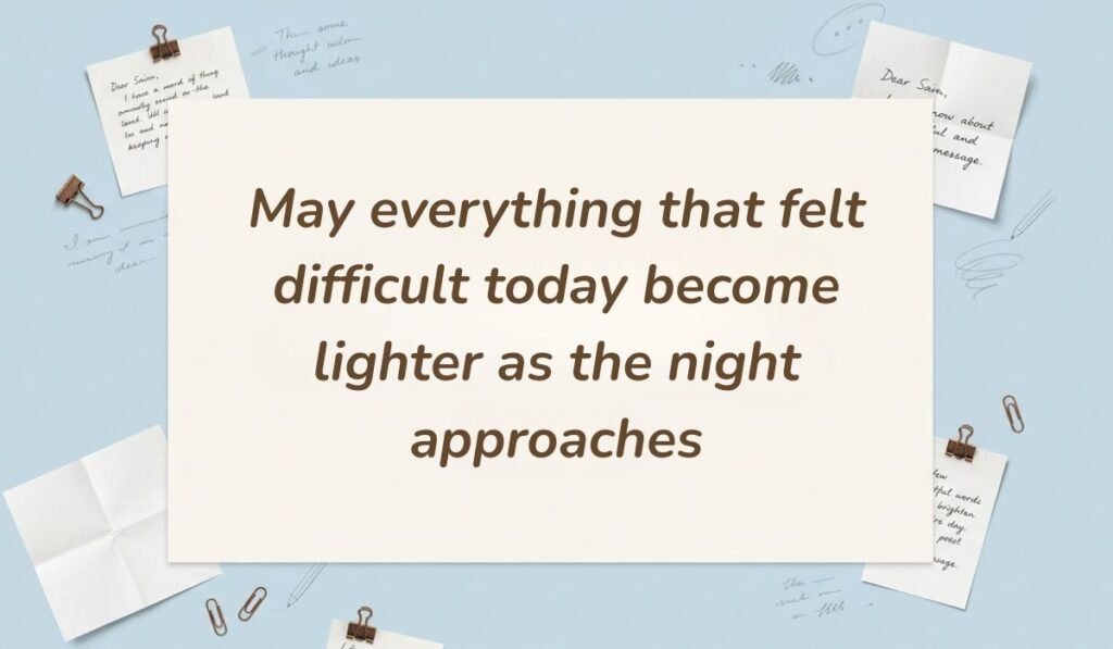 Light blue flatlay background with scattered sticky notes showcasing good evening messages for sister reading "May everything that felt difficult today become lighter as the night approaches"