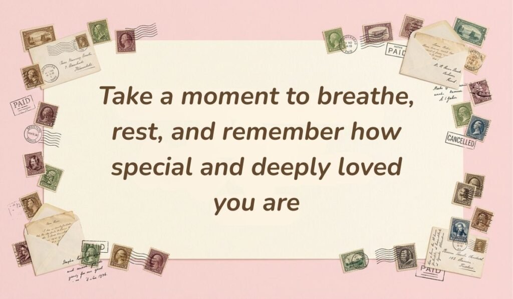Soft pink postal theme layout framed with vintage stamps and envelopes presenting good evening messages for sister stating "Take a moment to breathe, rest, and remember how special and deeply loved you are"