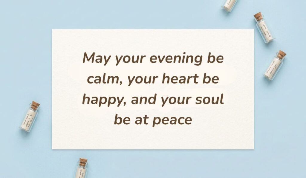 Soft blue desk flatlay decorated with miniature message bottles featuring good evening messages for sister reading "May your evening be calm, your heart be happy, and your soul be at peace"