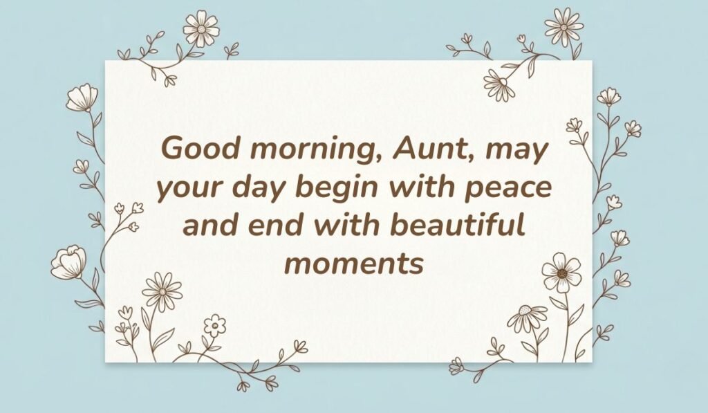 Good morning messages for aunt card with floral line art illustrations reading "Good morning, Aunt, may your day begin with peace and end with beautiful moments"