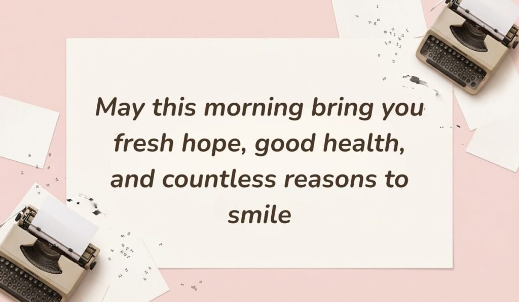 Vintage typewriter setup on a pink flatlay background featuring good morning messages for aunt reading "May this morning bring you fresh hope, good health, and countless reasons to smile"