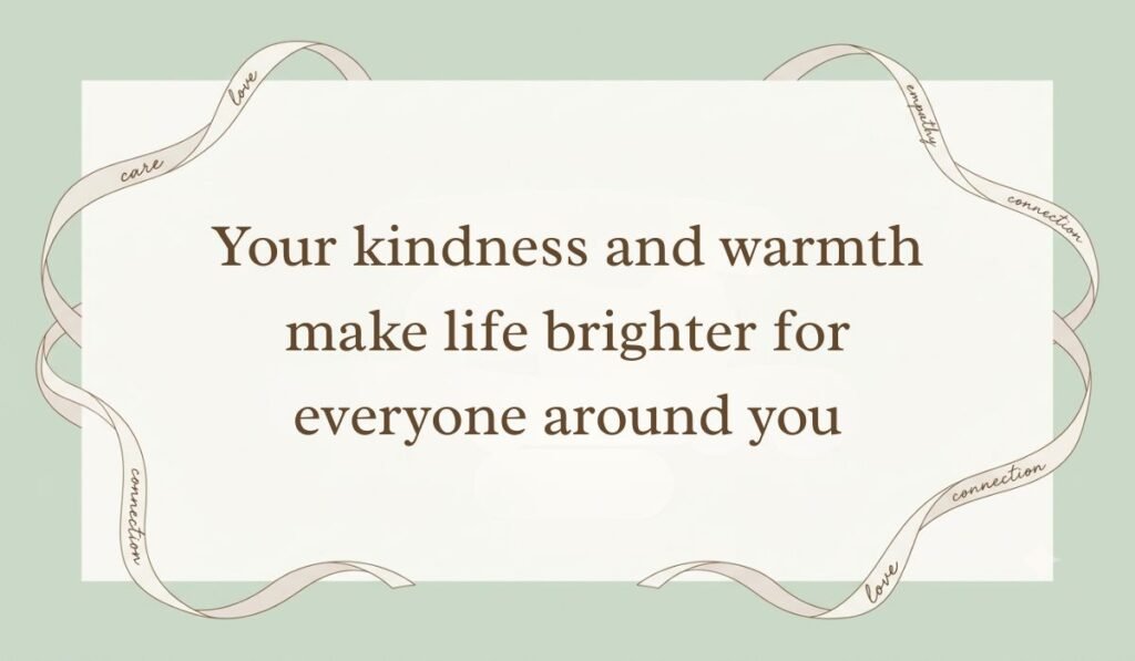 Sage green card bordered with delicate ribbons displaying good morning messages for aunt reading "Your kindness and warmth make life brighter for everyone around you"