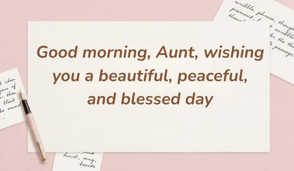 Pink desk setting with a classic fountain pen showcasing good morning messages for aunt reading "Good morning, Aunt, wishing you a beautiful, peaceful, and blessed day"
