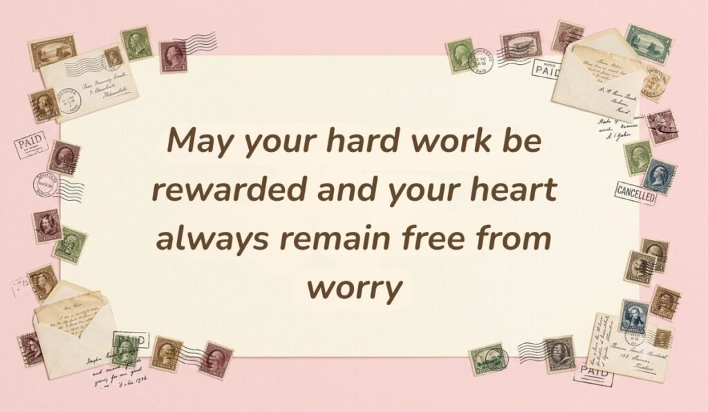 Vintage postal theme card framed with stamps and envelopes presenting good morning messages for dad reading "May your hard work be rewarded and your heart always remain free from worry"