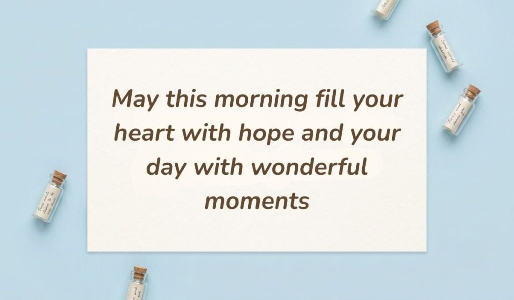 Light blue flatlay setup with mini message bottles showcasing good morning messages for dad reading "May this morning fill your heart with hope and your day with wonderful moments"