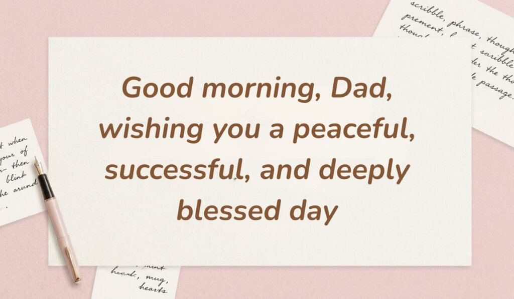 Pink desk setting with a classic fountain pen showcasing good morning messages for dad reading "Good morning, Dad, wishing you a peaceful, successful, and deeply blessed day"