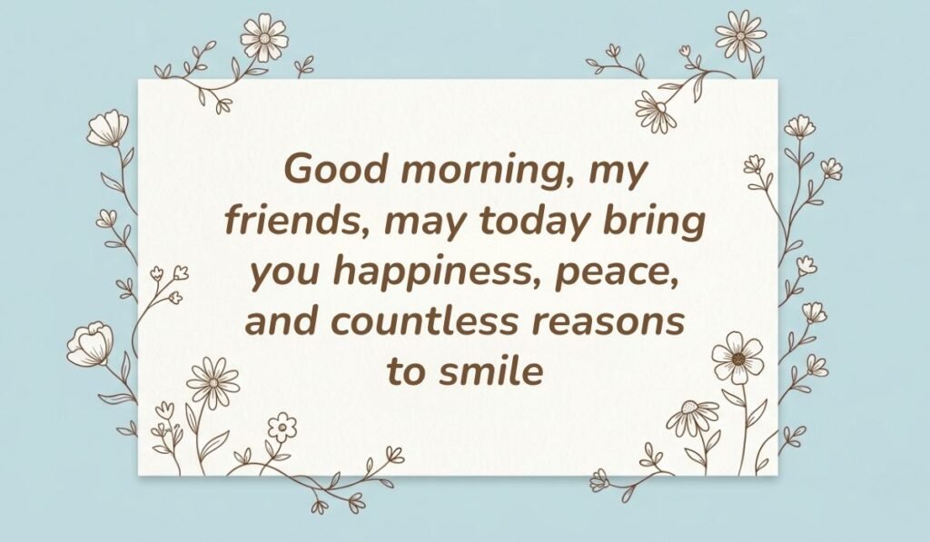 Good morning messages for friends on a soft blue floral card reading "Good morning, my friends, may today bring you happiness, peace, and countless reasons to smile."
