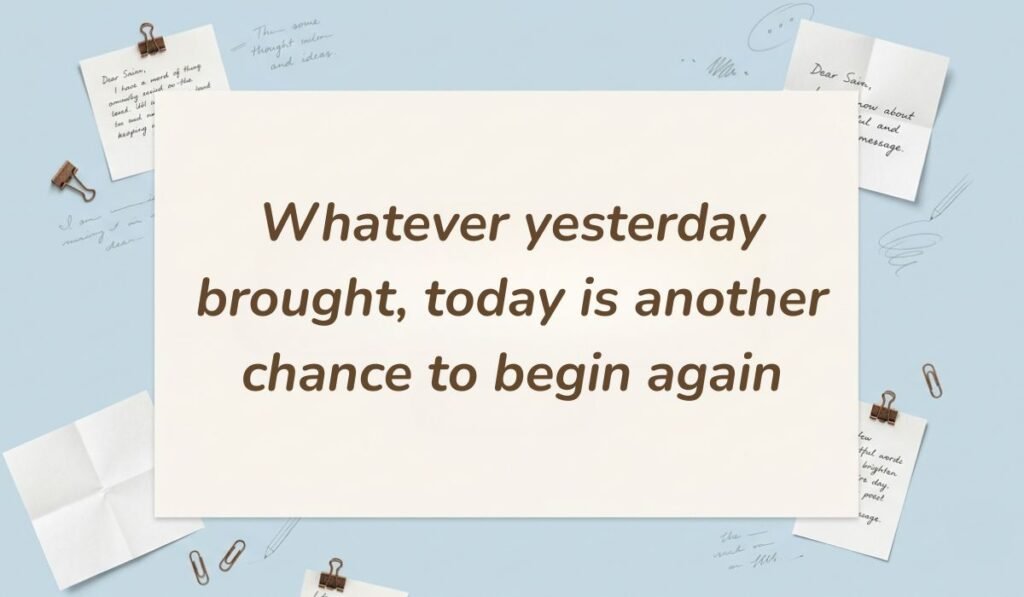 Soft blue stationery background with paper clips featuring good morning messages for friends stating "Whatever yesterday brought, today is another chance to begin again."