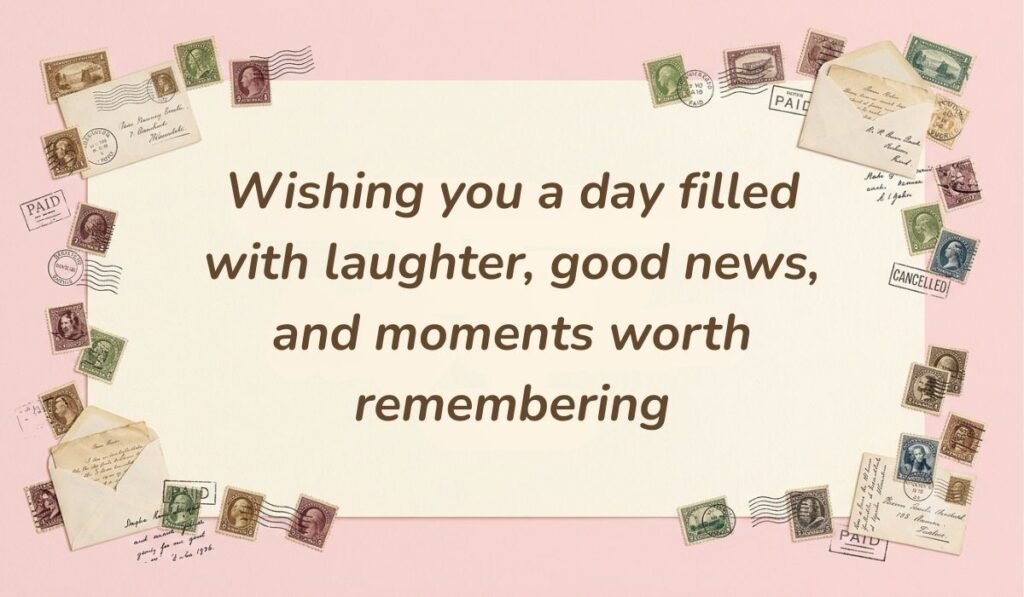 Vintage mail-themed image surrounded by postage stamps displaying good morning messages for friends reading "Wishing you a day filled with laughter, good news, and moments worth remembering."