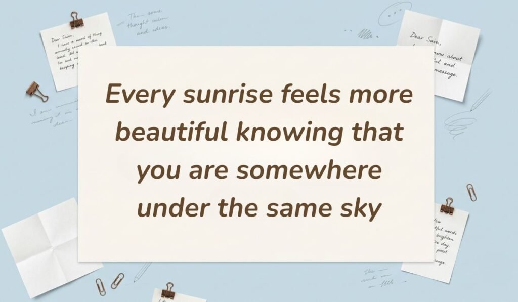 Soft blue stationery background with paper clips showing good morning messages for her stating "Every sunrise feels more beautiful knowing that you are somewhere under the same sky."