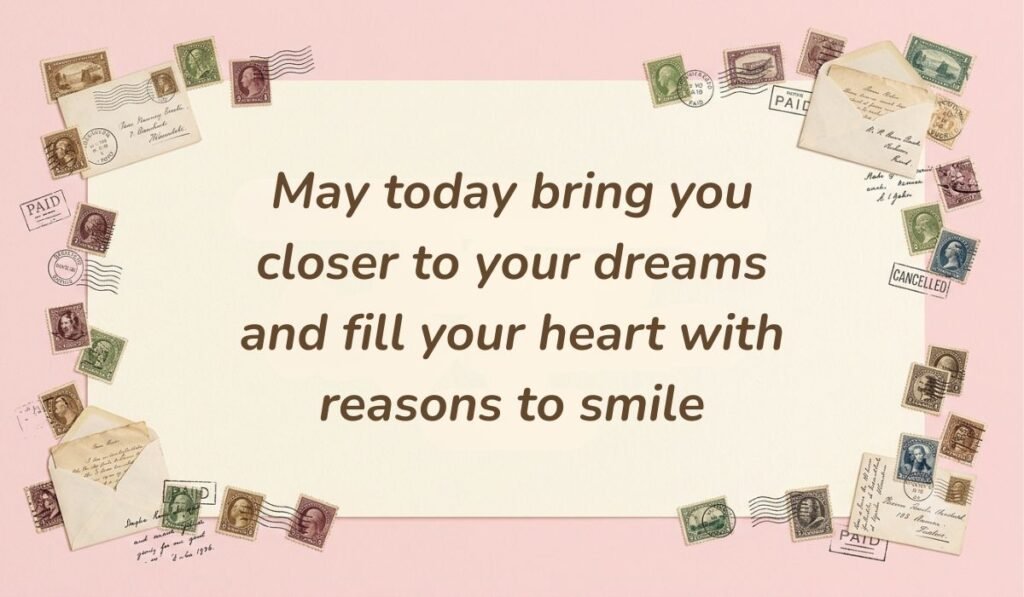 Soft blue stationery background with paper clips showing good morning messages for her stating "Every sunrise feels more beautiful knowing that you are somewhere under the same sky."