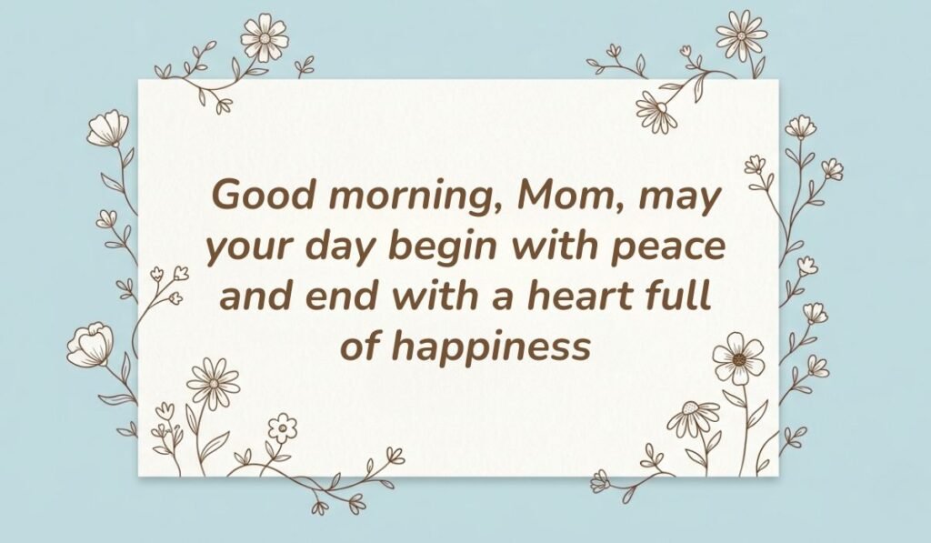 Good morning messages for mom displayed on a light blue card framed with floral line art reading "Good morning, Mom, may your day begin with peace and end with a heart full of happiness"