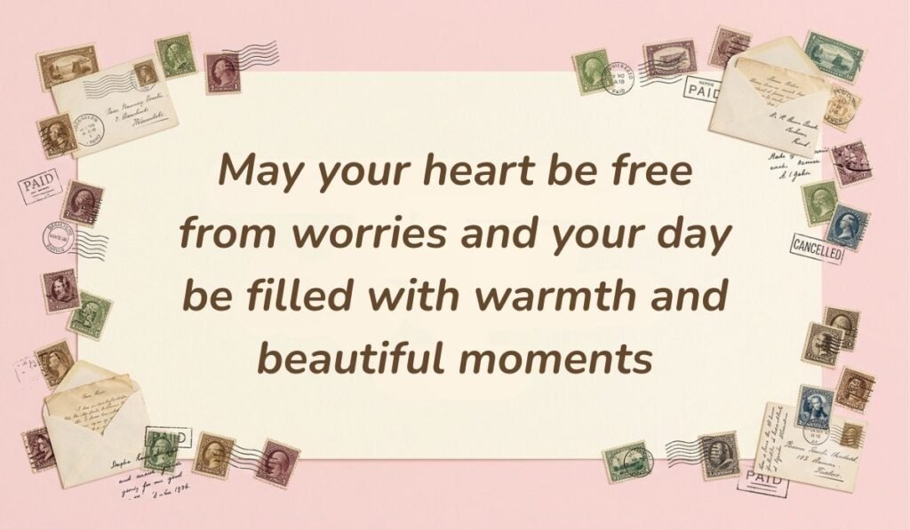 Vintage postal theme card surrounded by stamps and envelopes with good morning messages for mom saying "May your heart be free from worries and your day be filled with warmth and beautiful moments"