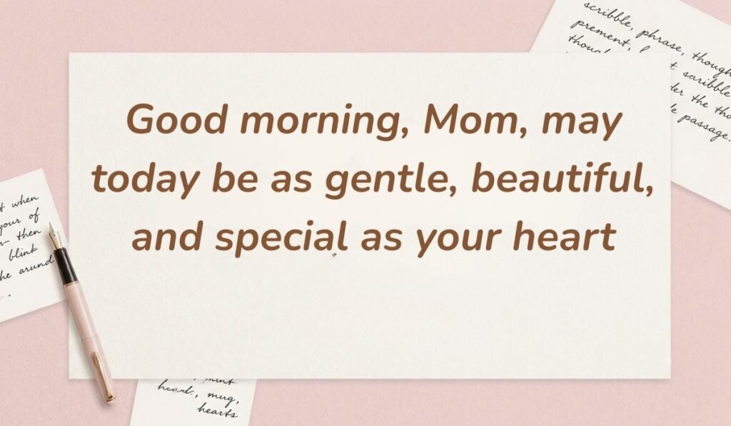 Soft pink desk layout with a classic fountain pen showcasing good morning messages for mom reading "Good morning, Mom, may today be as gentle, beautiful, and special as your heart"