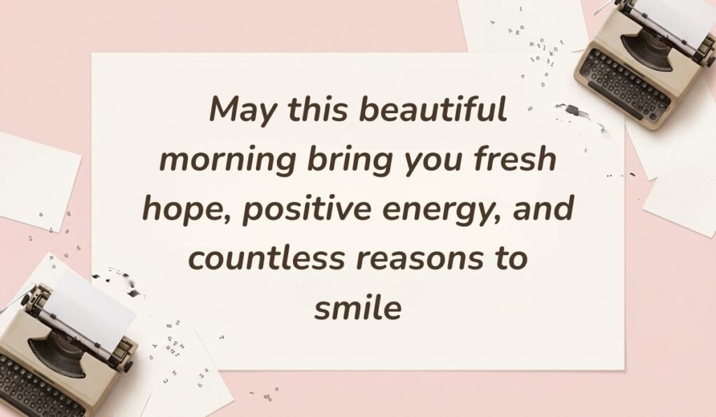 Vintage typewriter setup on a pink flatlay background featuring good morning messages for sister reading "May this beautiful morning bring you fresh hope, positive energy, and countless reasons to smile."