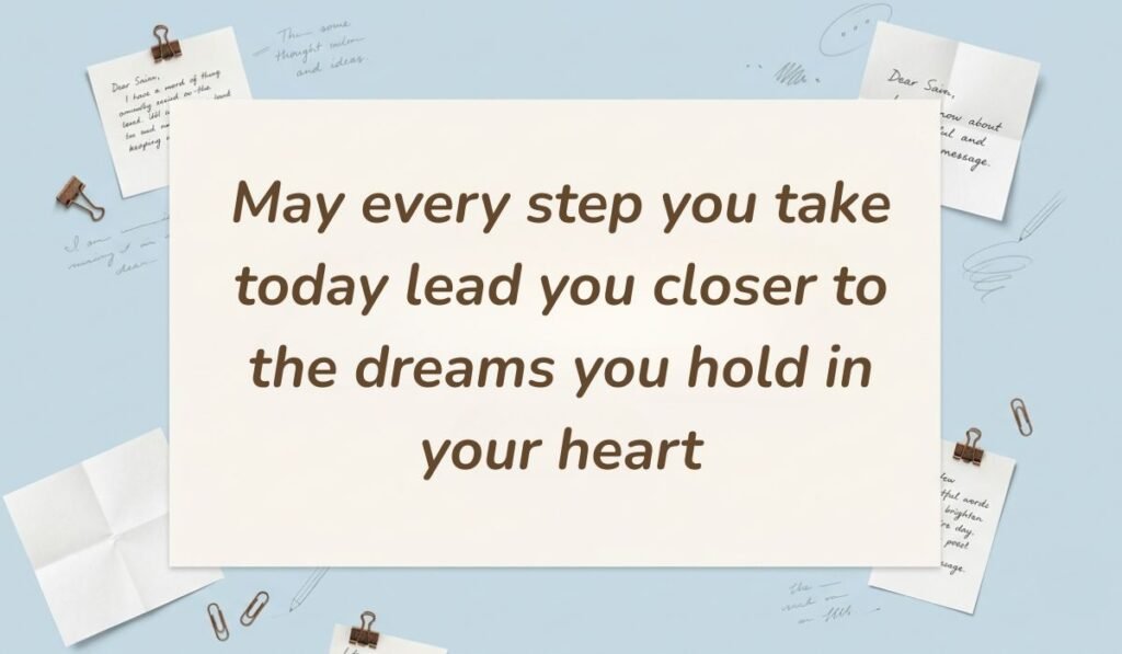Soft blue stationery background with paper clips and notes presenting good morning messages for sister reading "May every step you take today lead you closer to the dreams you hold in your heart."