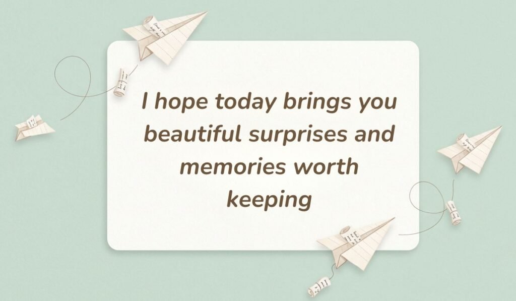 Sage green card decorated with floating paper airplanes featuring good morning messages for sister stating "I hope today brings you beautiful surprises and memories worth keeping."
