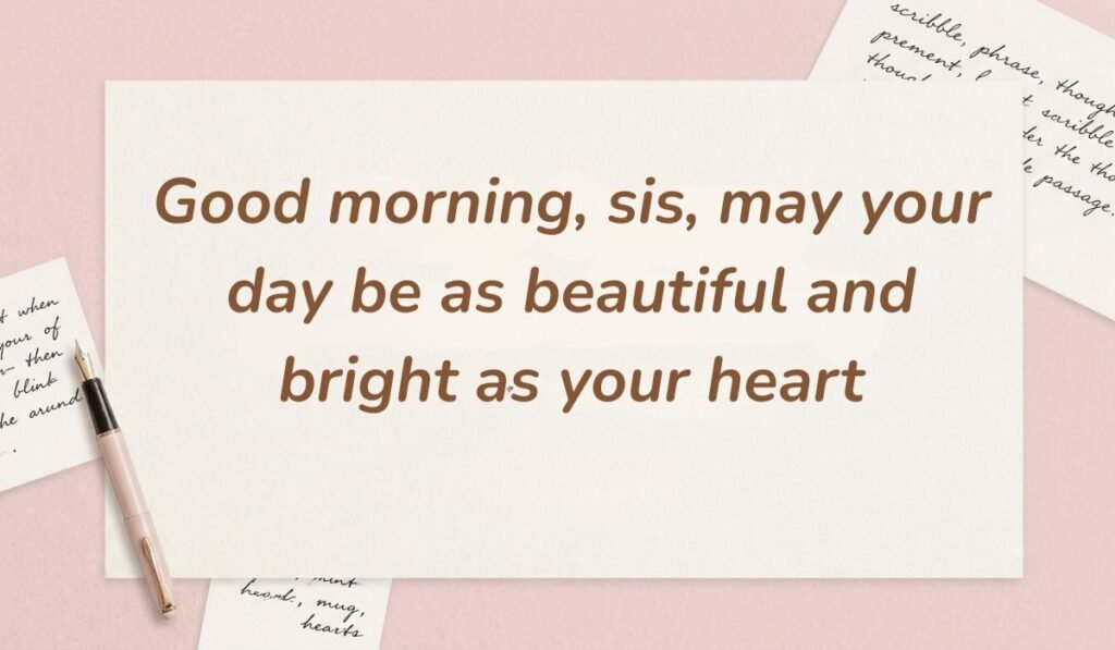 Pink desk setting with a classic fountain pen displaying good morning messages for sister saying "Good morning, sis, may your day be as beautiful and bright as your heart."