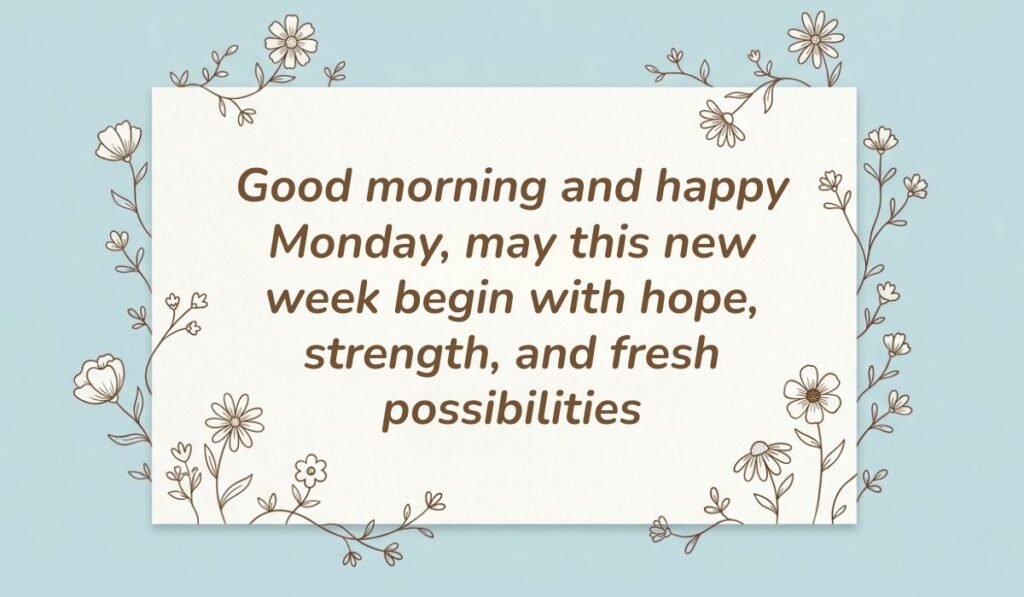 Good morning monday messages card with floral line art art reading "Good morning and happy Monday, may this new week begin with hope, strength, and fresh possibilities"