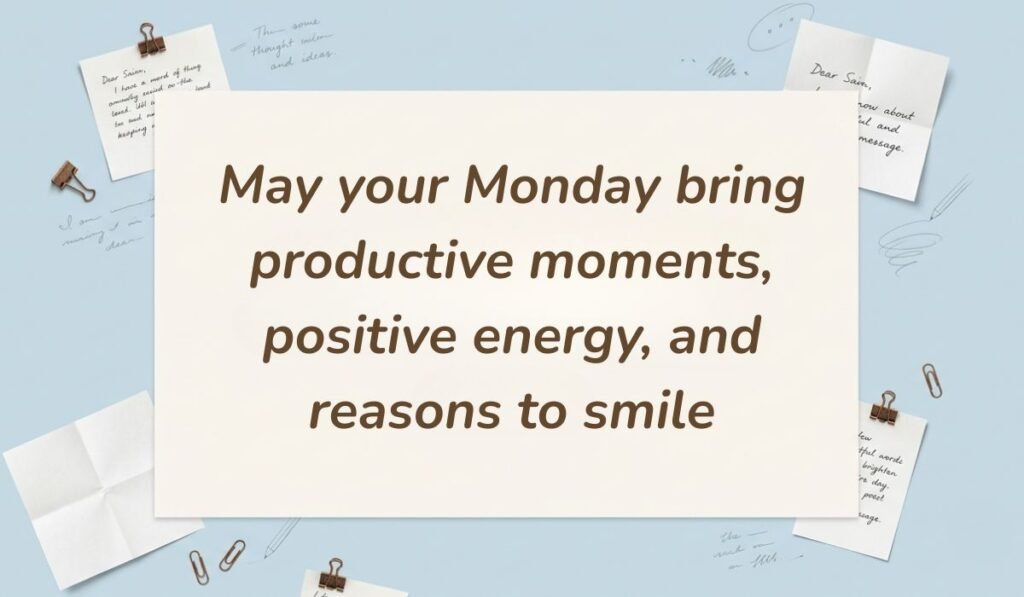 Light blue desk flatlay with sticky notes and paper clips featuring good morning monday messages stating "May your Monday bring productive moments, positive energy, and reasons to smile"