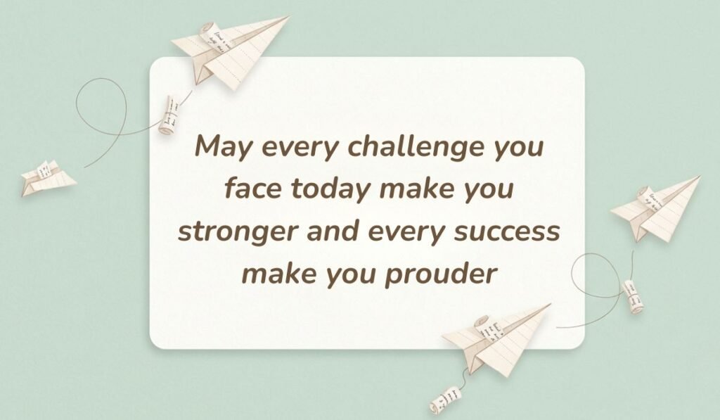 Sage green aesthetic background with floating paper airplanes showcasing good morning monday messages stating "May every challenge you face today make you stronger and every success make you prouder"