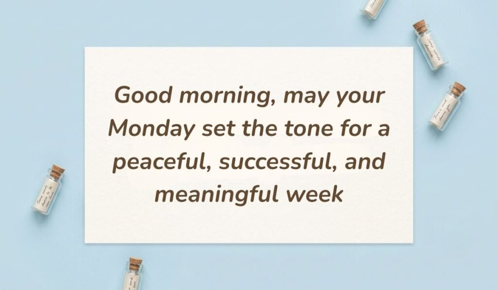 Soft blue flatlay with miniature message bottles presenting good morning monday messages reading "Good morning, may your Monday set the tone for a peaceful, successful, and meaningful week"