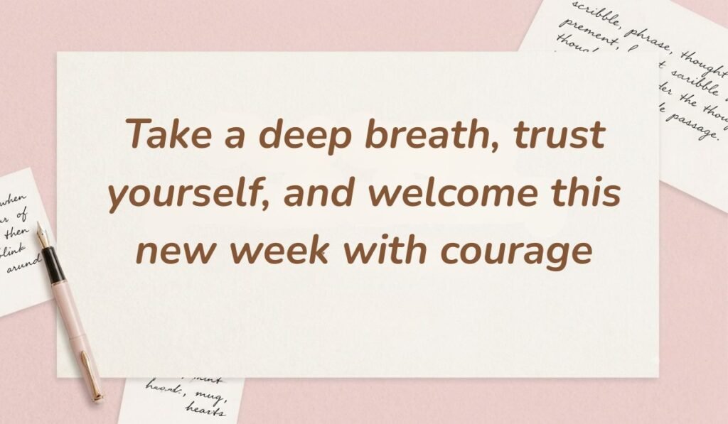 Pink desk stationery setup with a classic fountain pen featuring good morning monday messages reading "Take a deep breath, trust yourself, and welcome this new week with courage"