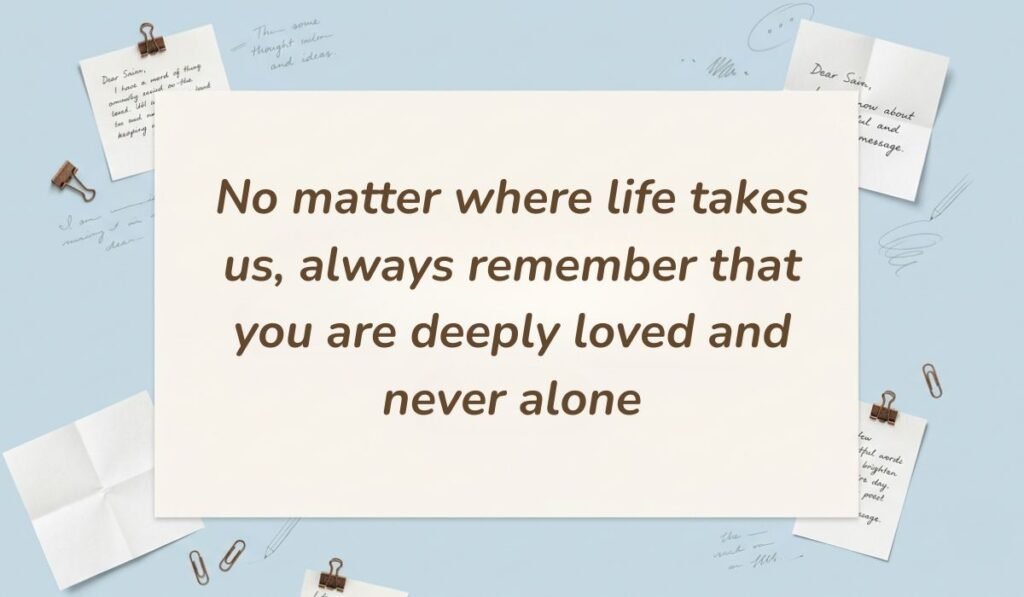 Light blue desk flatlay with sticky notes and paper clips presenting good night messages for sister reading "No matter where life takes us, always remember that you are deeply loved and never alone"