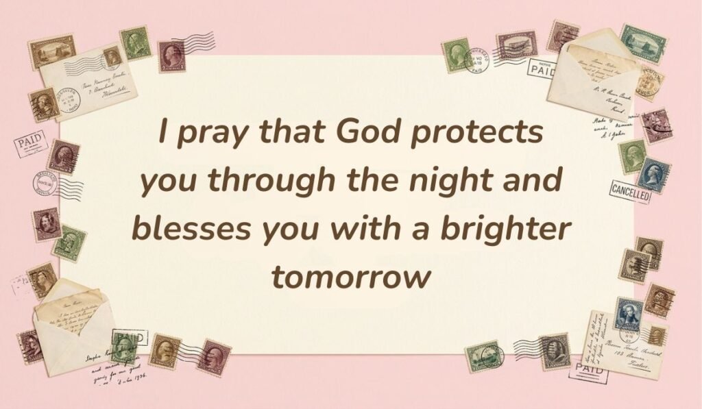 Vintage postal theme card framed with stamps and envelopes displaying good night messages for sister stating "I pray that God protects you through the night and blesses you with a brighter tomorrow"