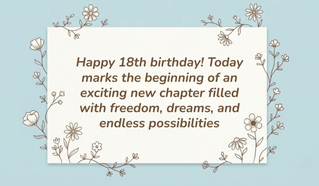 Light blue floral frame card displaying happy 18th birthday wishes reading "Happy 18th birthday! Today marks the beginning of an exciting new chapter filled with freedom, dreams, and endless possibilities"