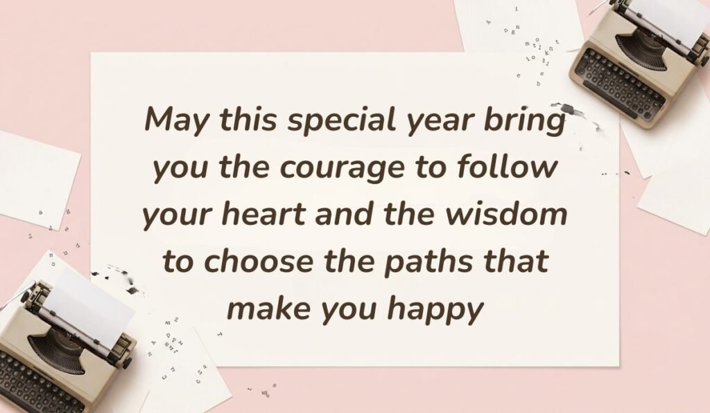 Vintage pink typewriter layout with inspiring happy 18th birthday wishes stating "May this special year bring you the courage to follow your heart and the wisdom to choose the paths that make you happy"