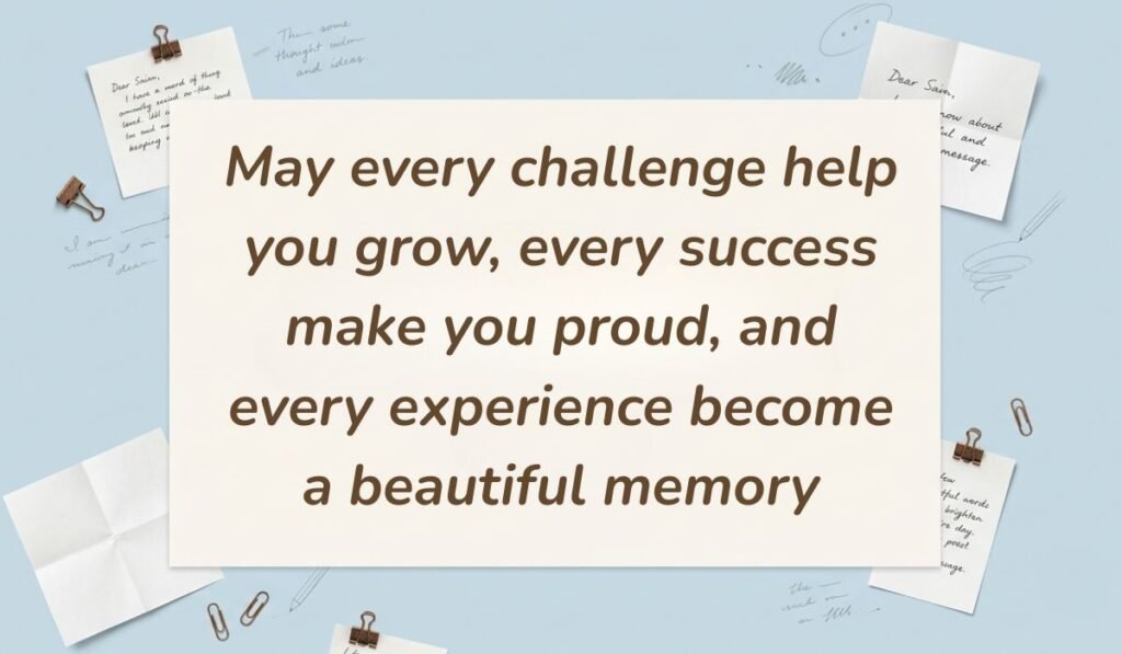 Light blue desk stationery setup showing uplifting happy 18th birthday wishes reading "May every challenge help you grow, every success make you proud, and every experience become a beautiful memory"