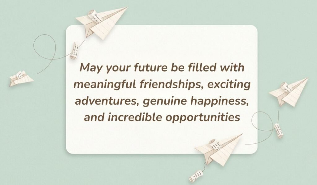 Soft green background with paper airplanes displaying warm happy 18th birthday wishes reading "May your future be filled with meaningful friendships, exciting adventures, genuine happiness, and incredible opportunities"