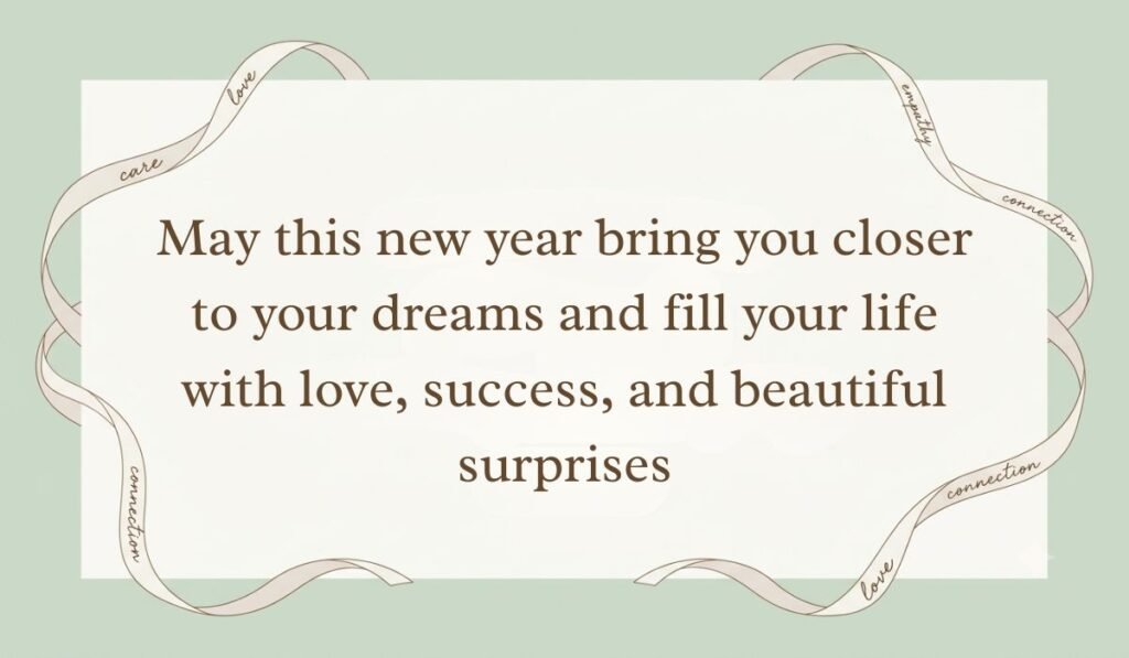 Sage green ribbon-bordered card showing warm happy birthday wishes for cousin reading "May this new year bring you closer to your dreams and fill your life with love, success, and beautiful surprises"