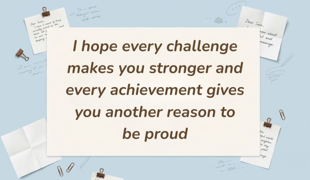 Light blue desk stationery setup with inspiring happy birthday wishes for cousin reading "I hope every challenge makes you stronger and every achievement gives you another reason to be proud"